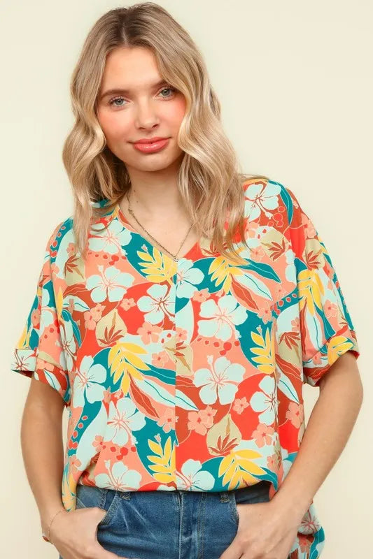 Haptics V Neck Shoulder Hawaiian Woven Top