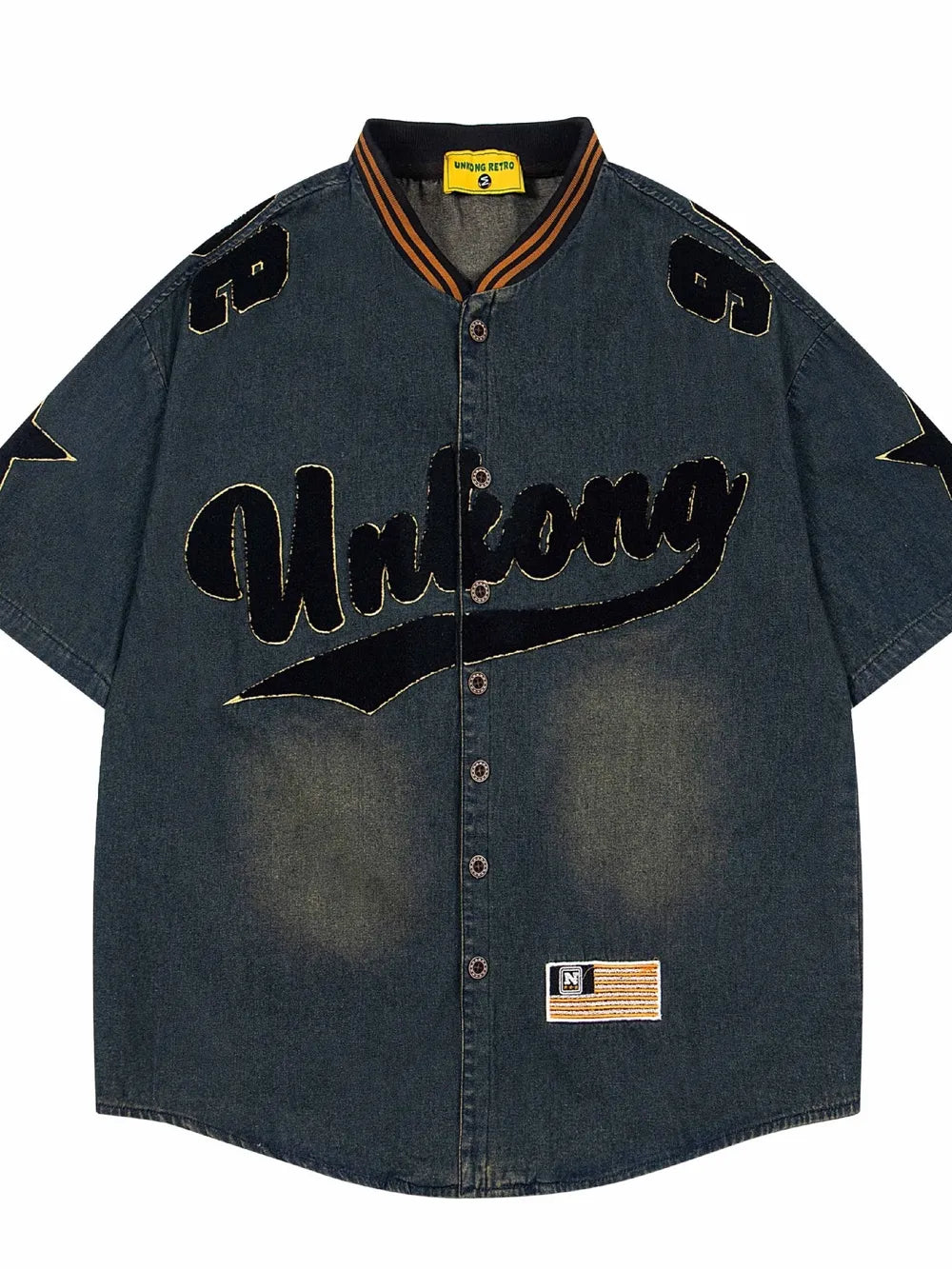 Men's Washed Baseball Collar Denim Shirt with Embroidered Detail