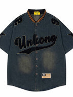 Men's Washed Baseball Collar Denim Shirt with Embroidered Detail