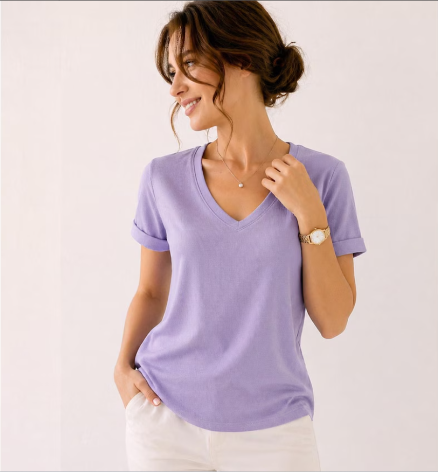 Women's Soft Rib Knit V-Neck Tee