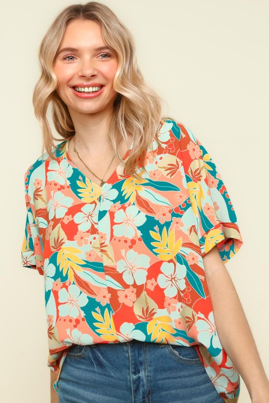 Haptics V Neck Shoulder Hawaiian Woven Top