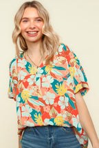 Haptics V Neck Shoulder Hawaiian Woven Top