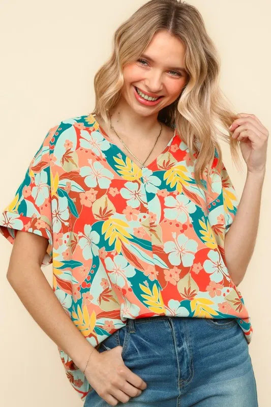 Haptics V Neck Shoulder Hawaiian Woven Top