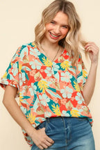 Haptics V Neck Shoulder Hawaiian Woven Top