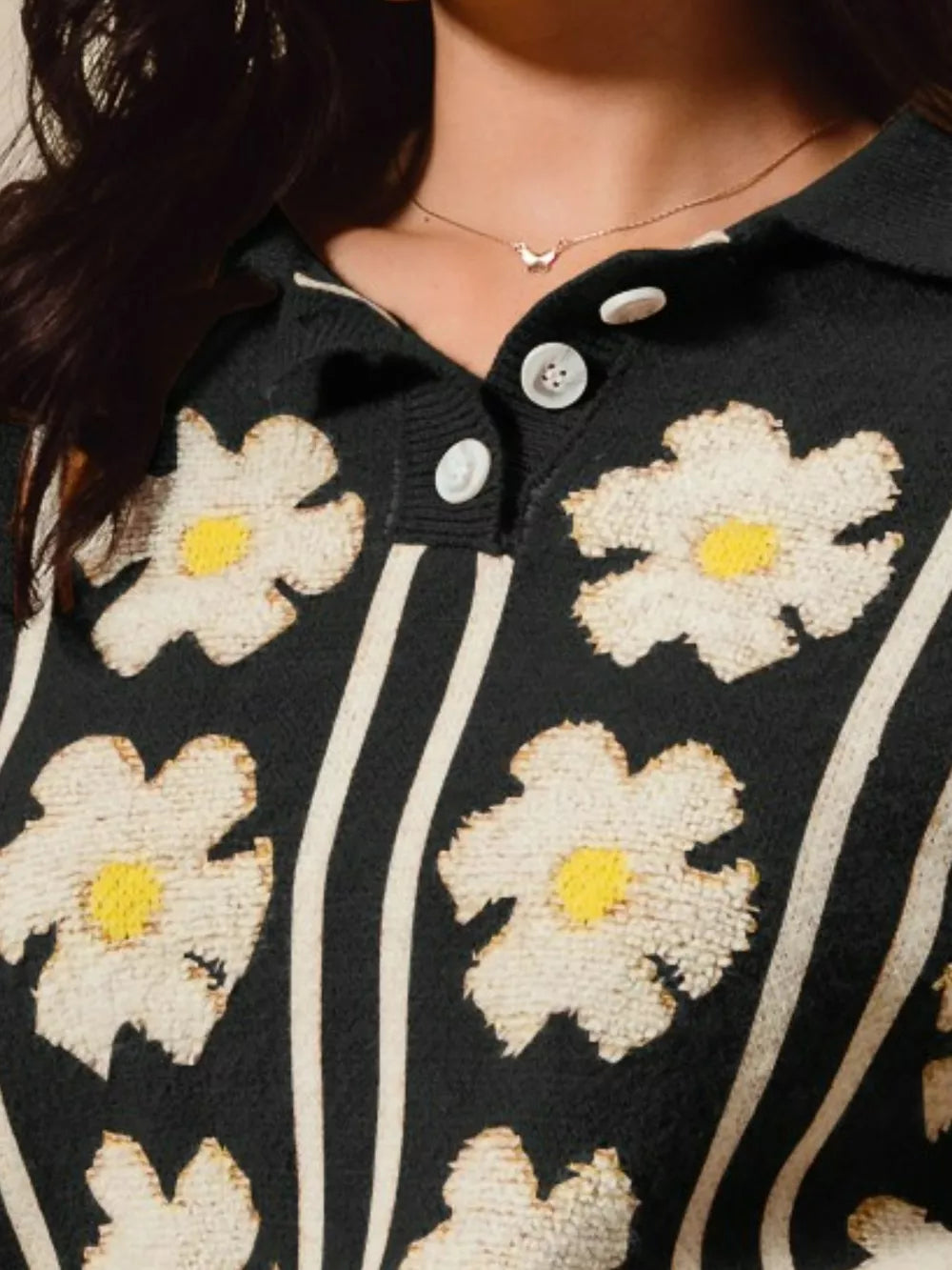 Floral Stripe Polo Collar Sweater