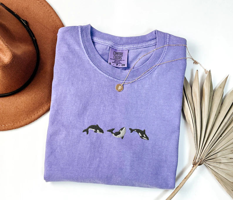 Embroidered Trio of Orcas Comfort Colors t-shirt