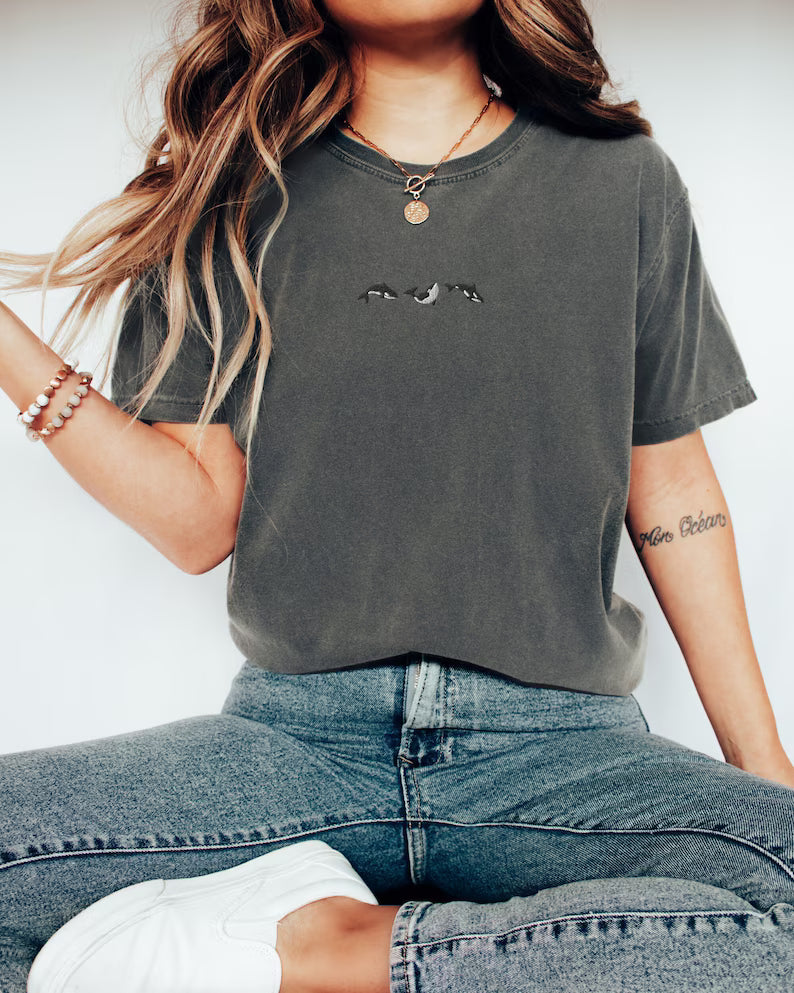 Embroidered Trio of Orcas Comfort Colors t-shirt