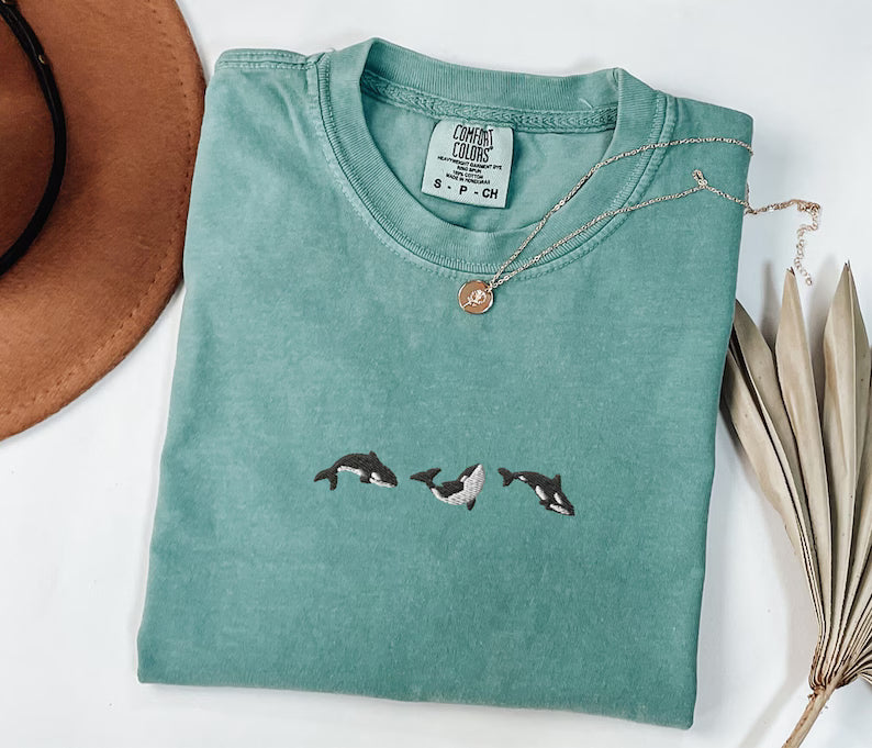 Embroidered Trio of Orcas Comfort Colors t-shirt