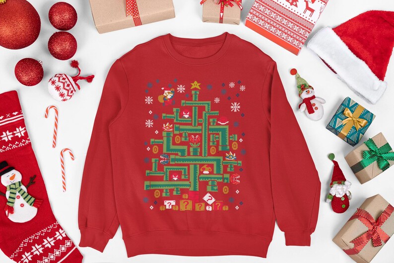 Mario Tube Christmas Tree Ugly Sweater - Gamer Holiday Graphic Pullover