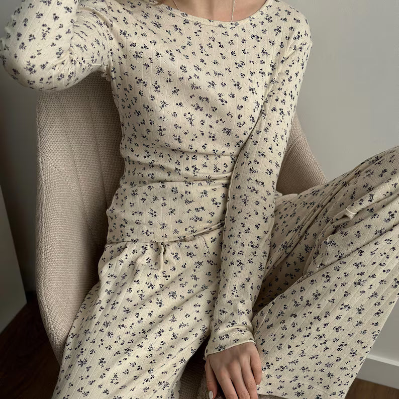 Organic Cotton Pointelle Pajama Set - Women's Soft Long Sleeve Sleepwear