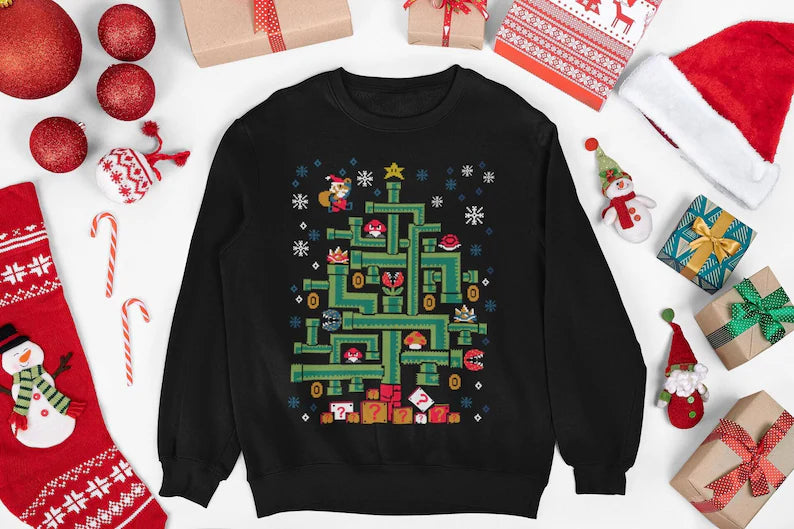Mario Tube Christmas Tree Ugly Sweater - Gamer Holiday Graphic Pullover