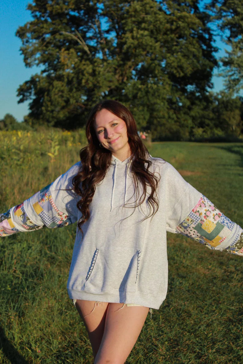 Multicolor Patchwork Hoodie Sweatshirt Crewneck