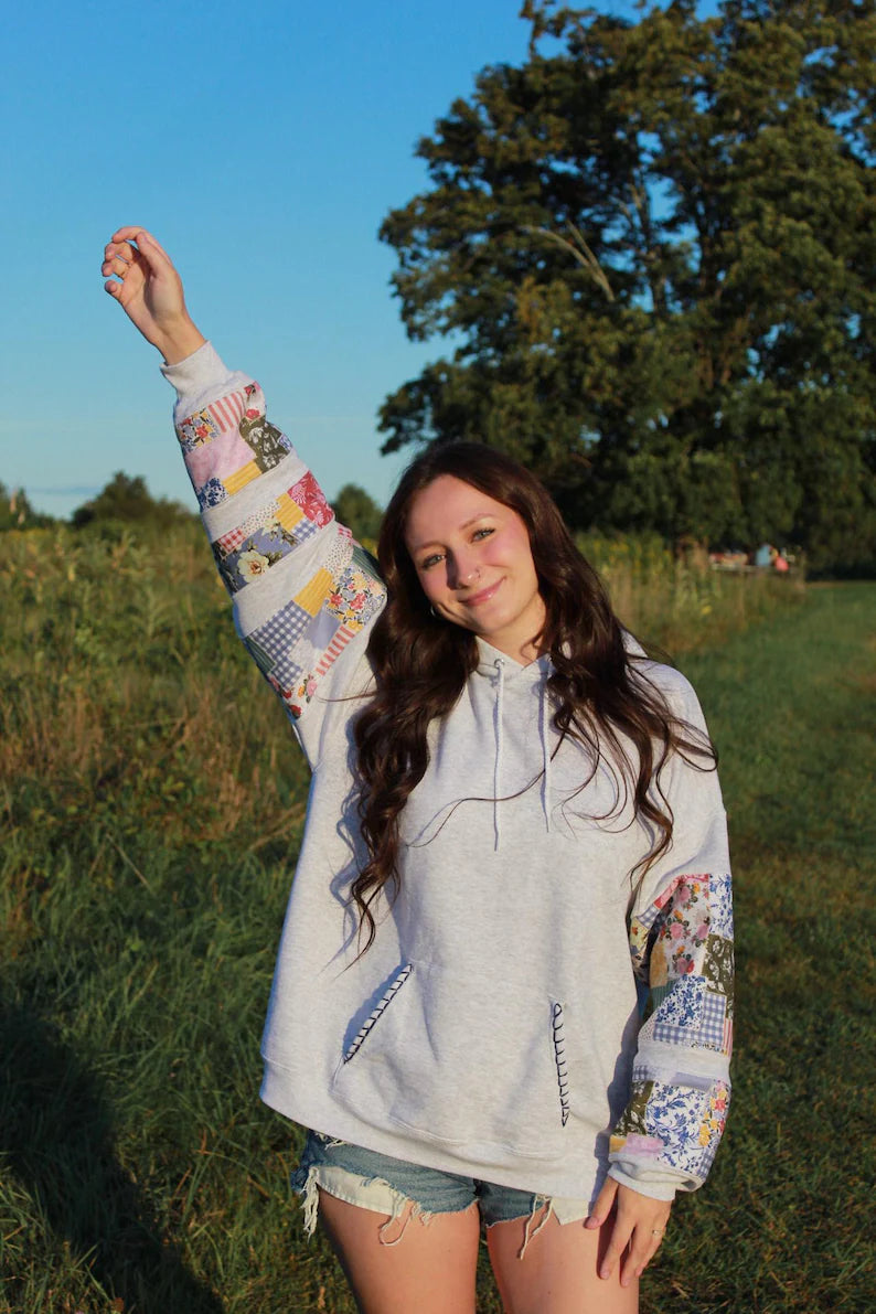 Multicolor Patchwork Hoodie Sweatshirt Crewneck