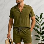 Men’s Linen Summer Set – Short Sleeve Shirt & Drawstring Shorts