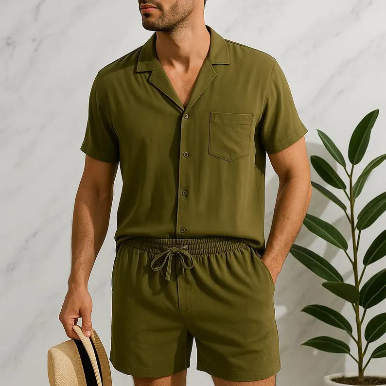 Men’s Linen Summer Set – Short Sleeve Shirt & Drawstring Shorts