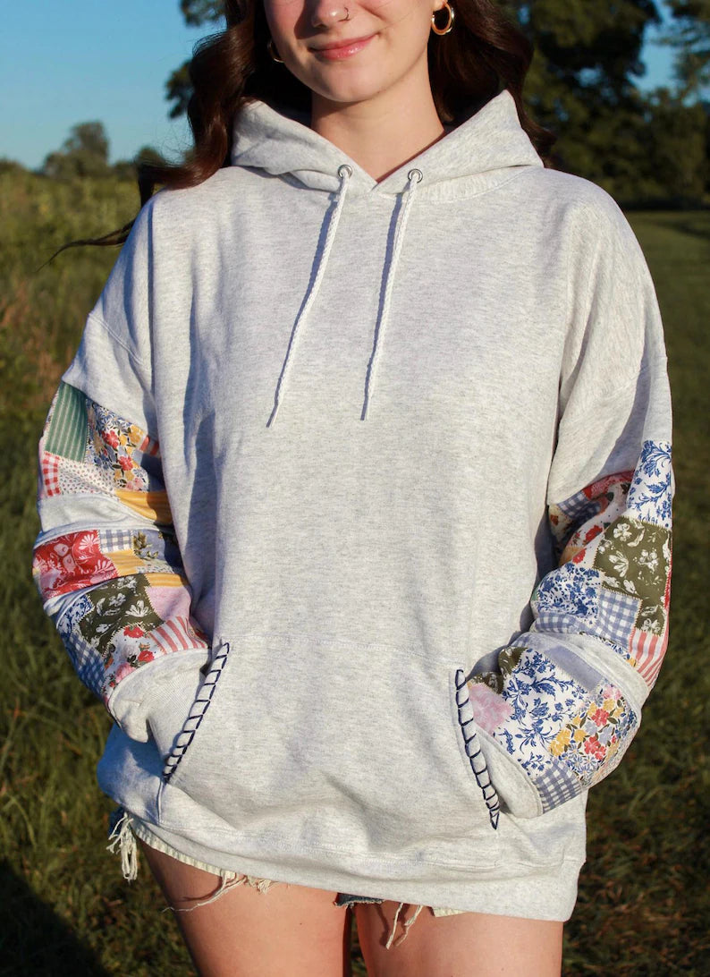 Multicolor Patchwork Hoodie Sweatshirt Crewneck