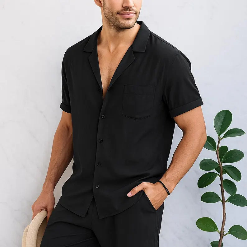 Men’s Linen Summer Set – Short Sleeve Shirt & Drawstring Shorts