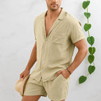 Men’s Linen Summer Set – Short Sleeve Shirt & Drawstring Shorts