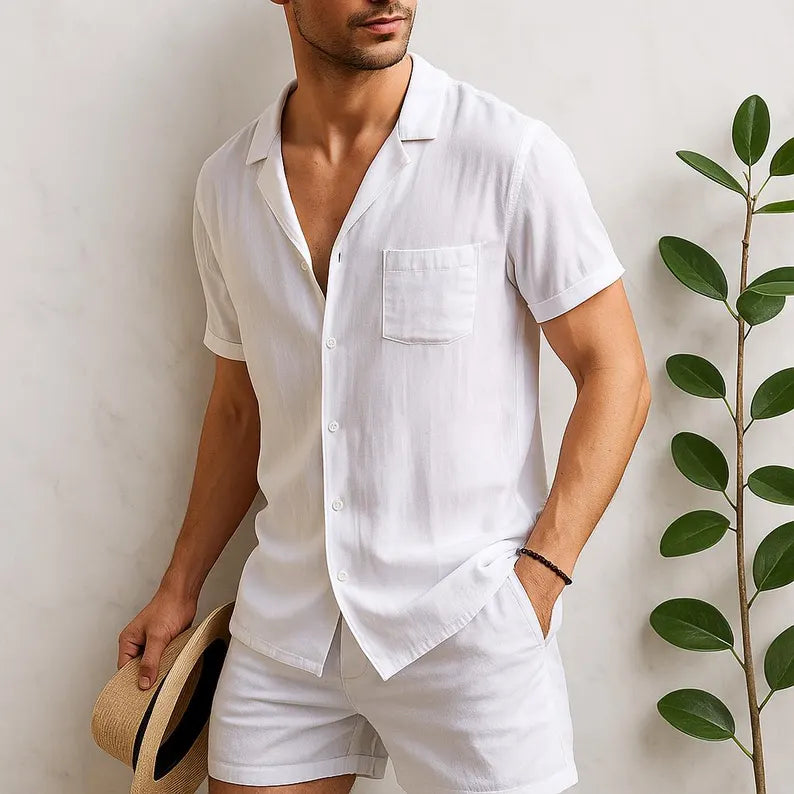Men’s Linen Summer Set – Short Sleeve Shirt & Drawstring Shorts