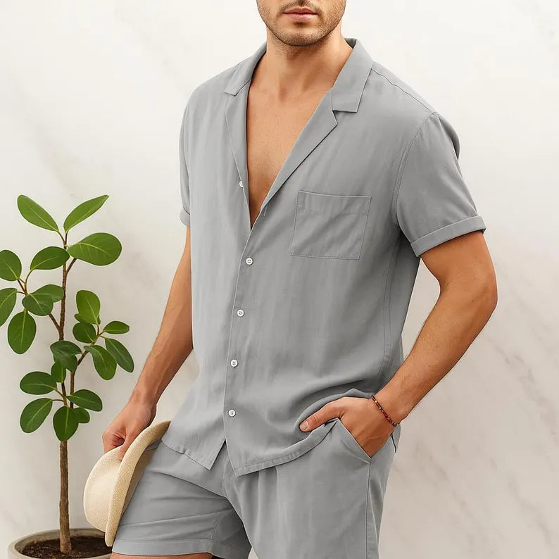Men’s Linen Summer Set – Short Sleeve Shirt & Drawstring Shorts