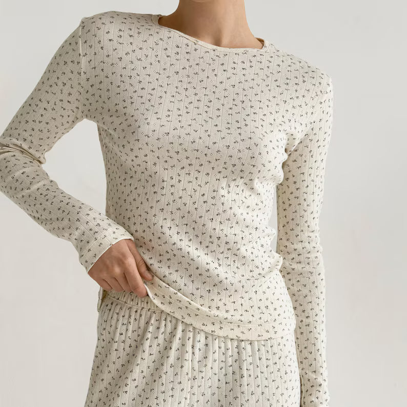 Organic Cotton Pointelle Pajama Set - Women's Soft Long Sleeve Sleepwear