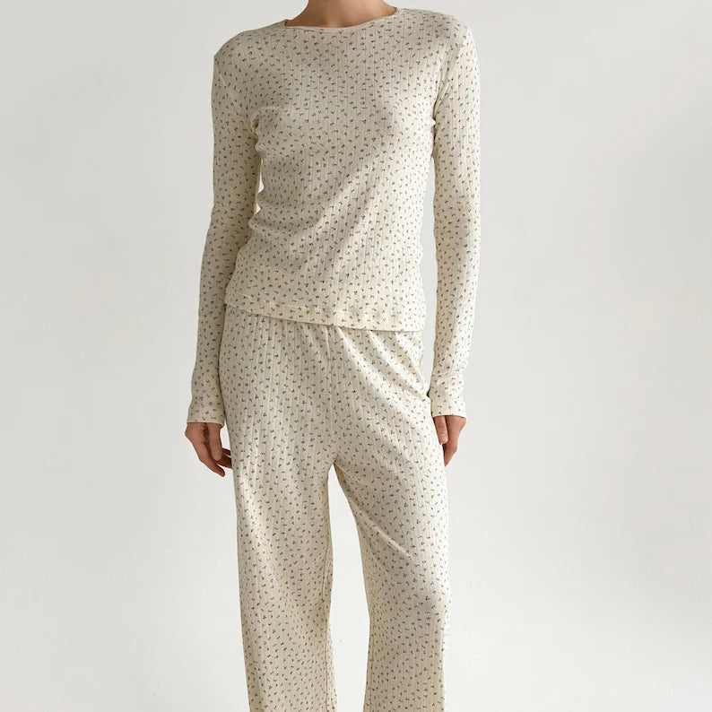 Organic Cotton Pointelle Pajama Set - Women's Soft Long Sleeve Sleepwear