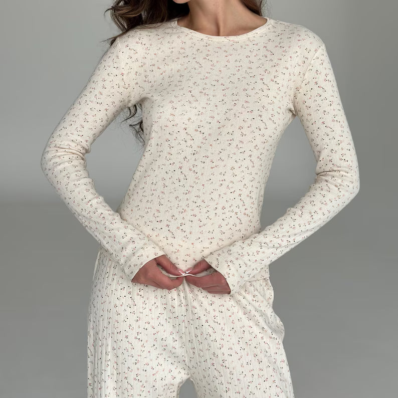 Organic Cotton Pointelle Pajama Set - Women's Soft Long Sleeve Sleepwear
