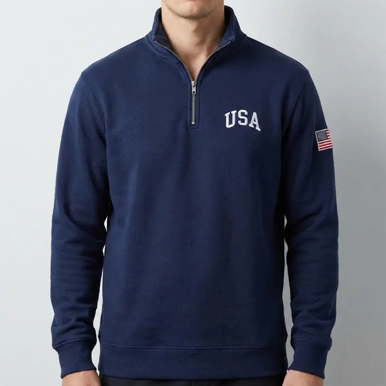 Embroidered USA Quarter Zip Sweatshirt, American Flag Pullover, USA Pride