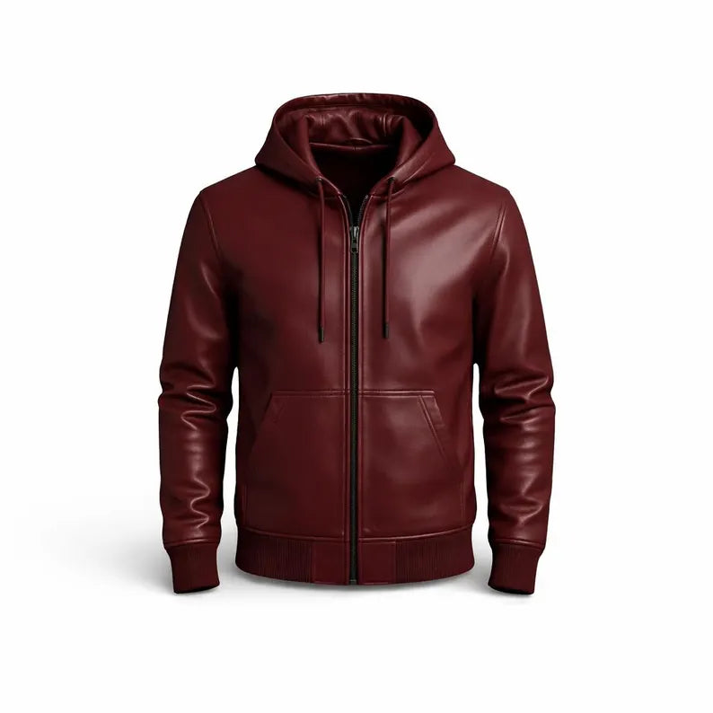 Men's Red Leather Zipper Hoodie, Genuine Leather Streetwear Jacket