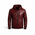 Men's Red Leather Zipper Hoodie, Genuine Leather Streetwear Jacket