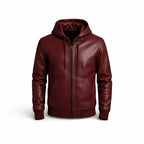 Men's Red Leather Zipper Hoodie, Genuine Leather Streetwear Jacket