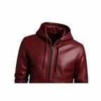 Men's Red Leather Zipper Hoodie, Genuine Leather Streetwear Jacket