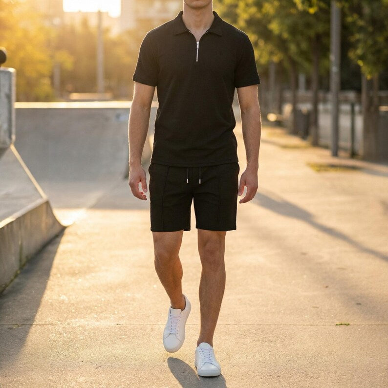Zip-Up Polo Shirt + Matching Shorts Men's Summer Outfit