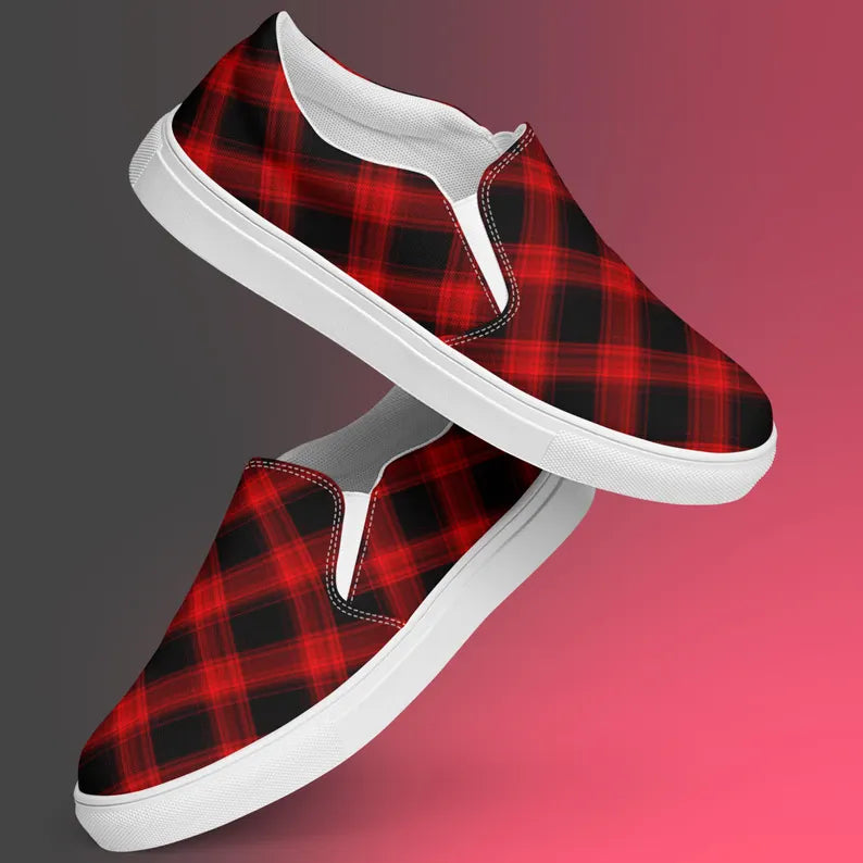 Men's Red Plaid Canvas Loafer Shoes