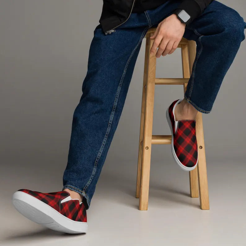 Men's Red Plaid Canvas Loafer Shoes