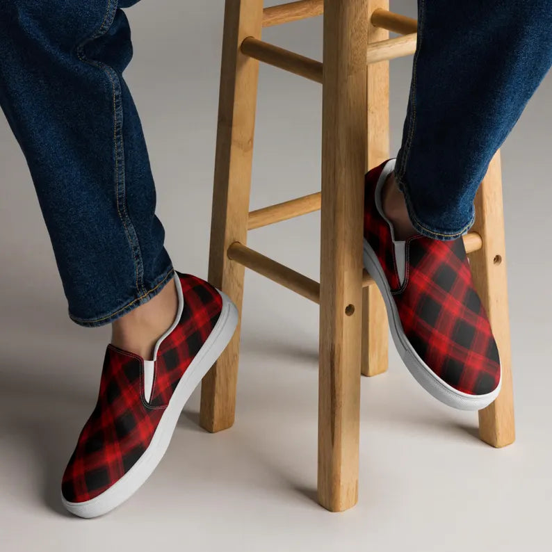 Men's Red Plaid Canvas Loafer Shoes