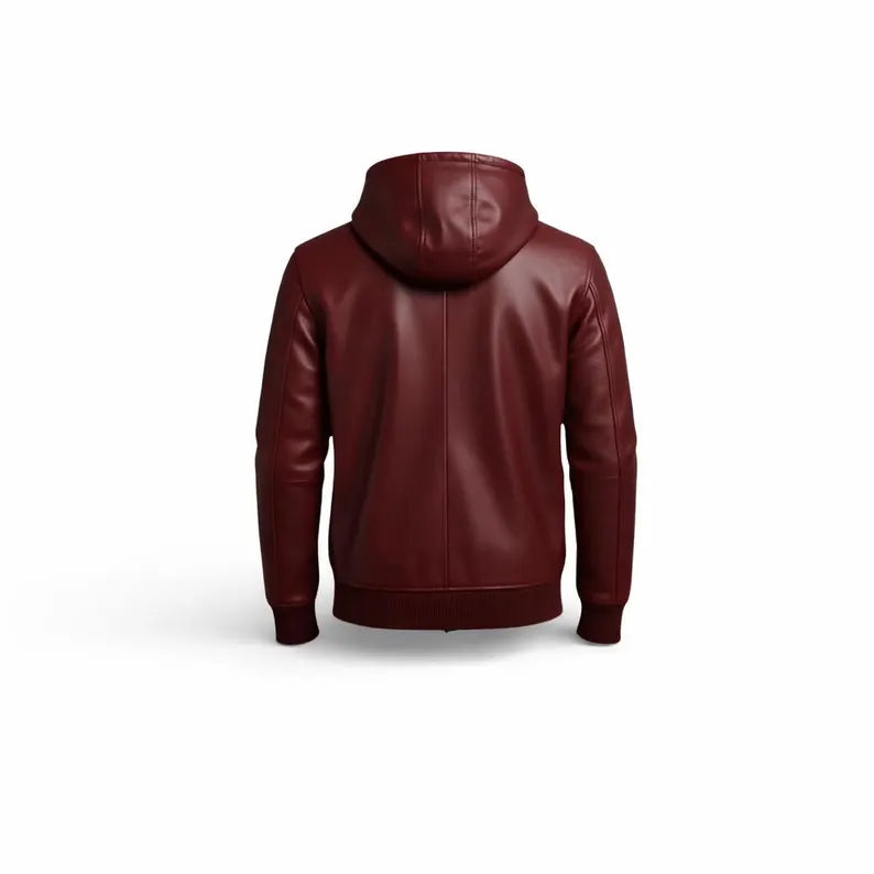 Men's Red Leather Zipper Hoodie, Genuine Leather Streetwear Jacket