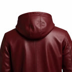 Men's Red Leather Zipper Hoodie, Genuine Leather Streetwear Jacket