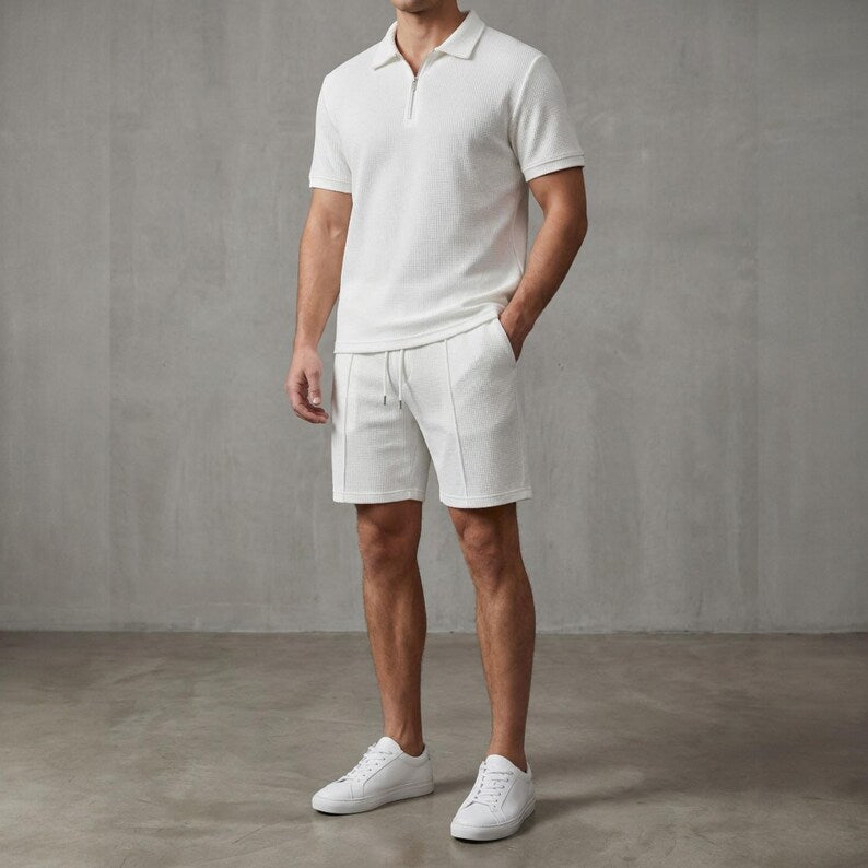 Zip-Up Polo Shirt + Matching Shorts Men's Summer Outfit