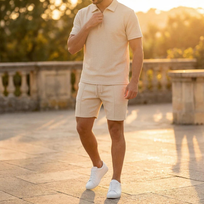 Zip-Up Polo Shirt + Matching Shorts Men's Summer Outfit