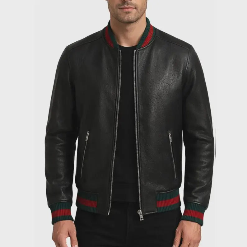 Men Leather Bomber Jacket Black Designer Style with Green Red Striped Trim