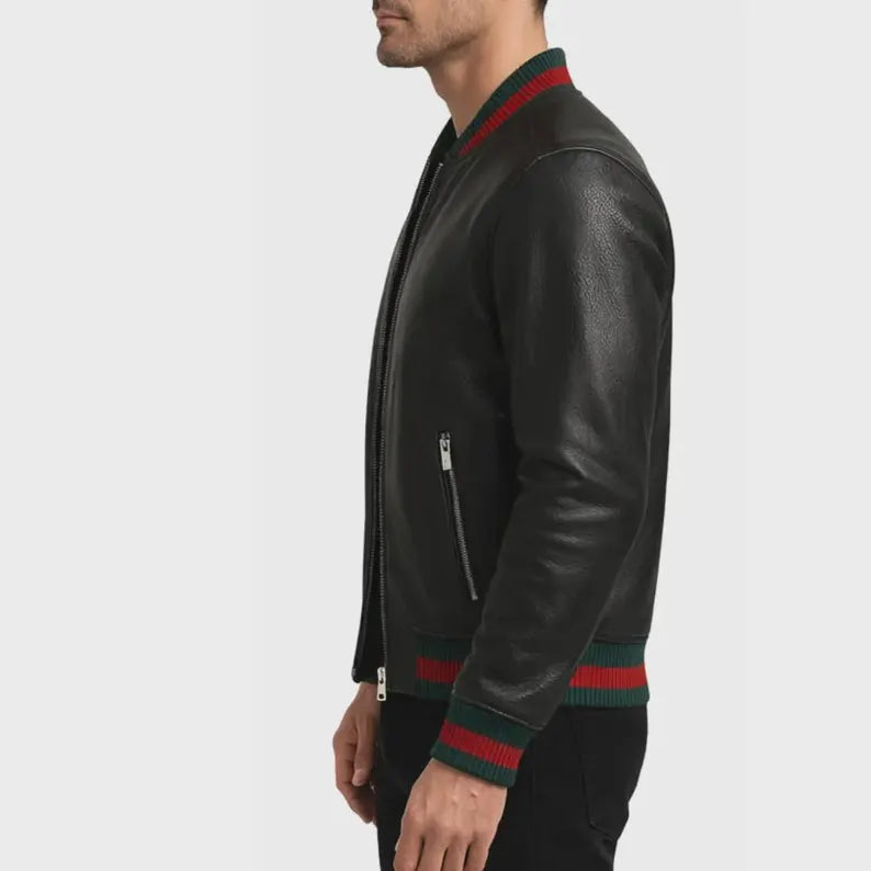 Men Leather Bomber Jacket Black Designer Style with Green Red Striped Trim