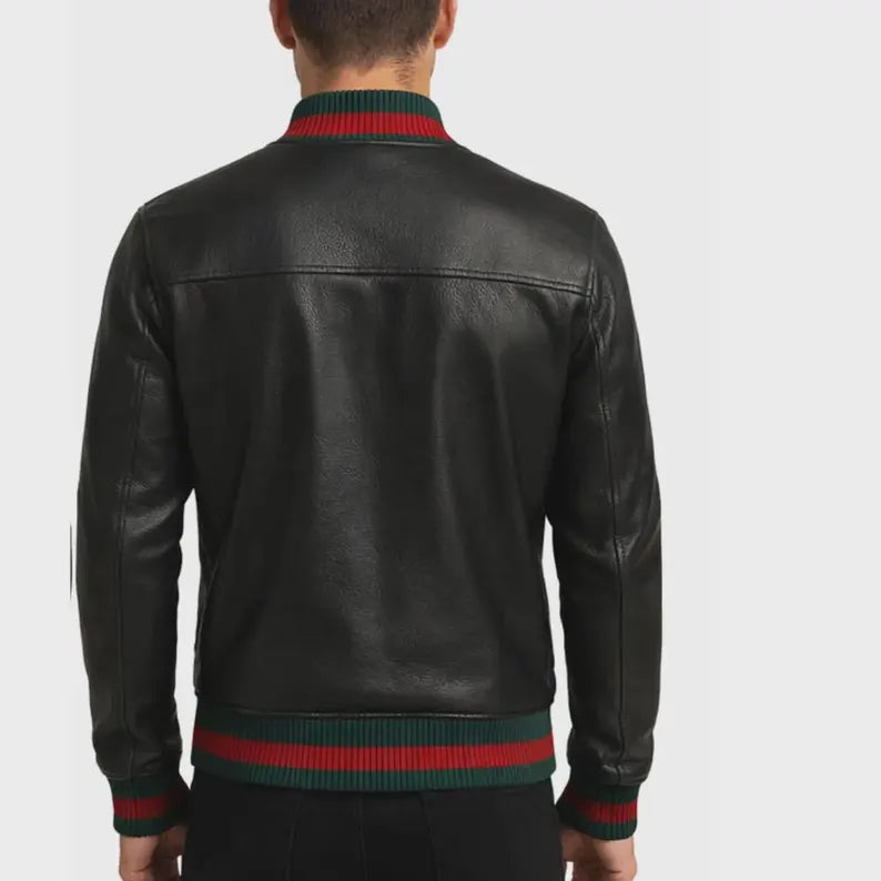 Men Leather Bomber Jacket Black Designer Style with Green Red Striped Trim