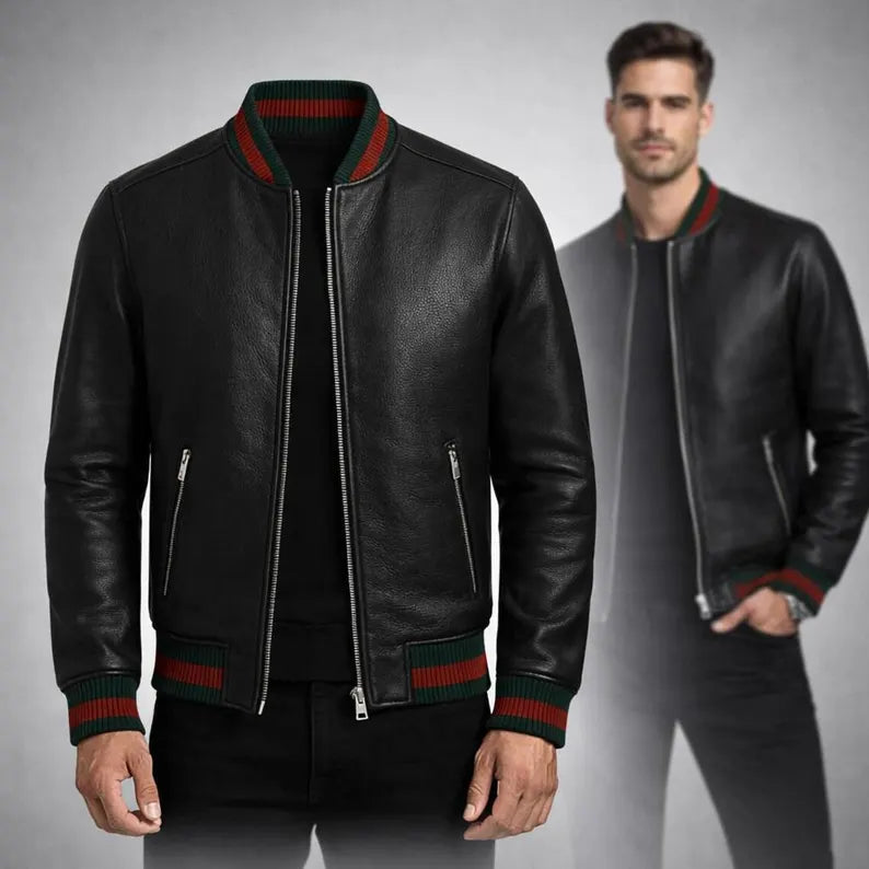 Men Leather Bomber Jacket Black Designer Style with Green Red Striped Trim