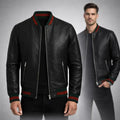 Men Leather Bomber Jacket Black Designer Style with Green Red Striped Trim