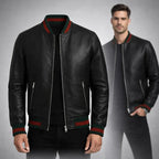 Men Leather Bomber Jacket Black Designer Style with Green Red Striped Trim