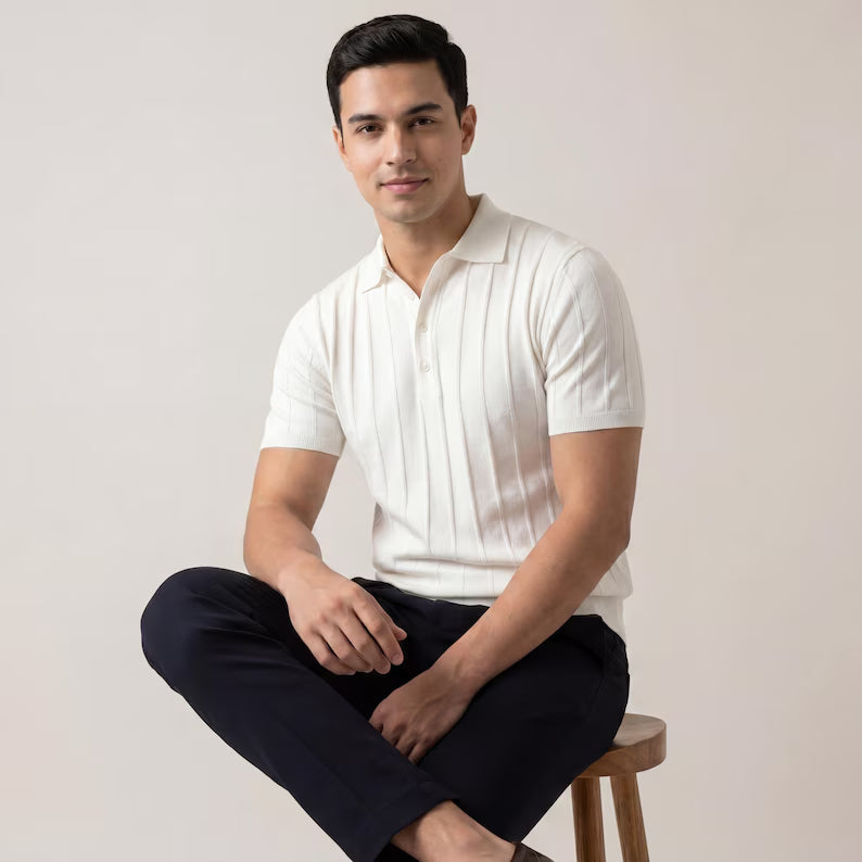 Men's Ribbed Knit Polo Shirt, Slim Fit Short Sleeve