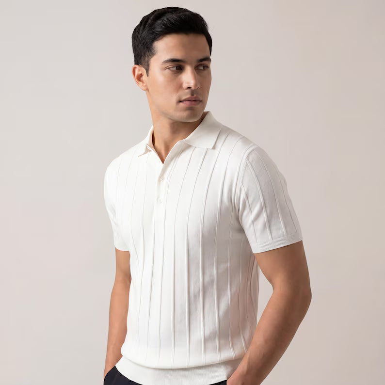 Men's Ribbed Knit Polo Shirt, Slim Fit Short Sleeve