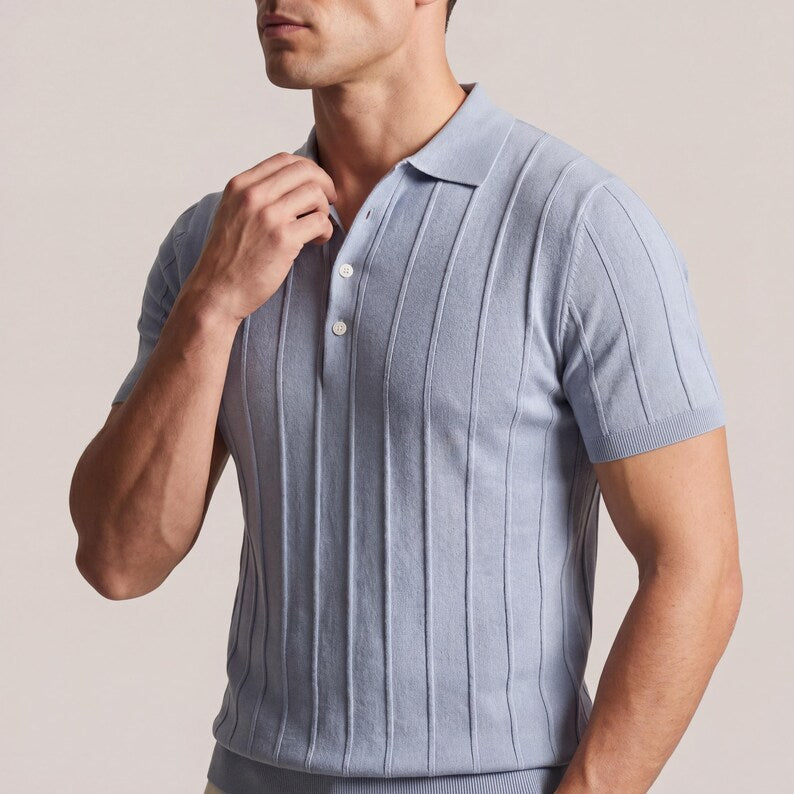 Men's Ribbed Knit Polo Shirt, Slim Fit Short Sleeve