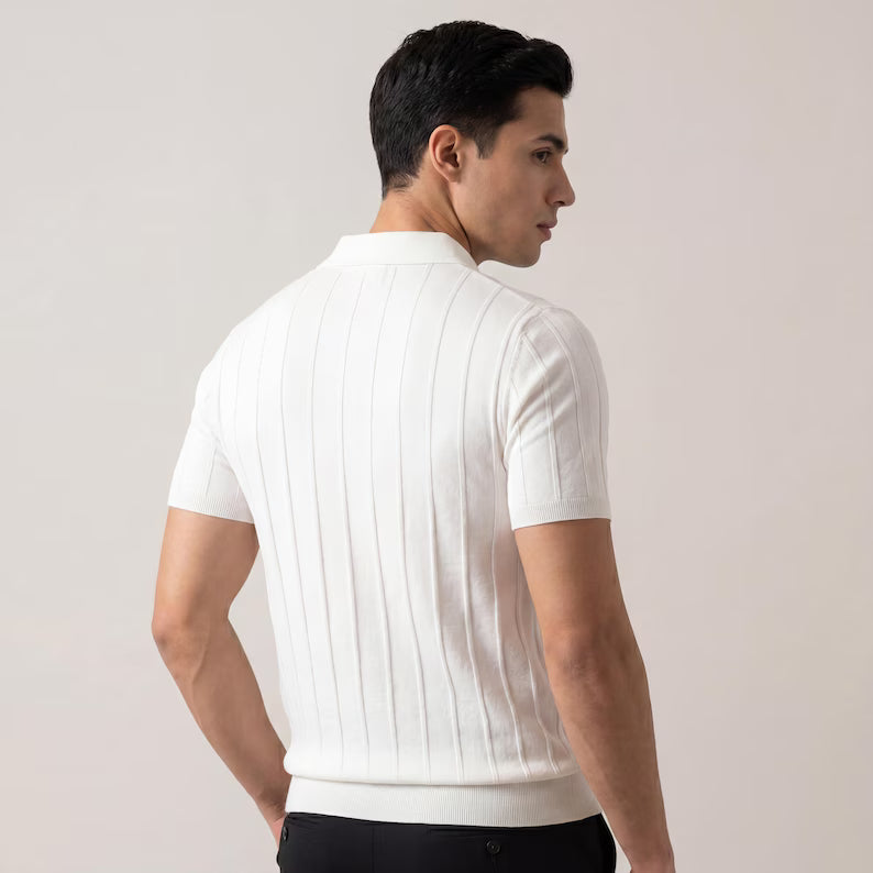 Men's Ribbed Knit Polo Shirt, Slim Fit Short Sleeve
